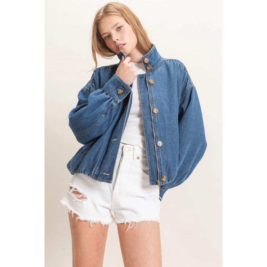 High Collar Denim Bomber Jacket