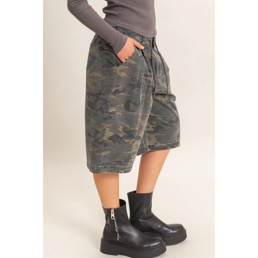 Camouflage Print Drawstring Shorts