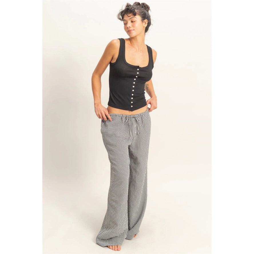 Gingham Drawstring Wide-Leg Pants