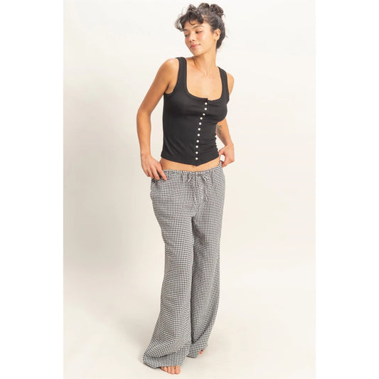 Gingham Drawstring Wide-Leg Pants