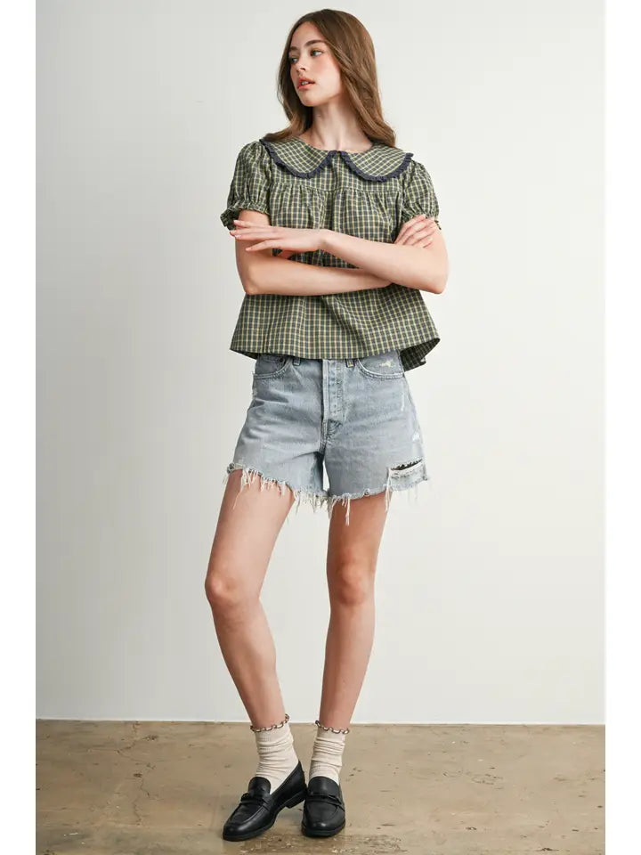 Plaid Peter Pan Collar Puff Sleeve Blouse