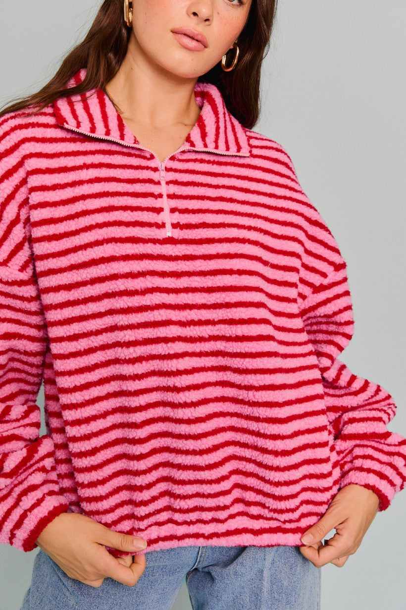 Stripe Printed Long Sleeve Red & Pink Quarter Zip