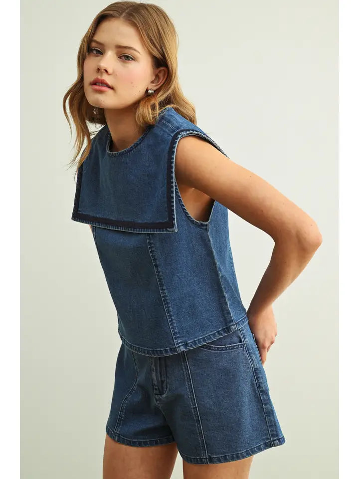 Sailor Collar Stretch Denim Top