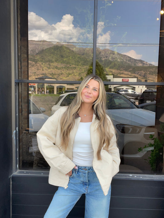 Oversized Workwear Jacket with Faux Leather Collar