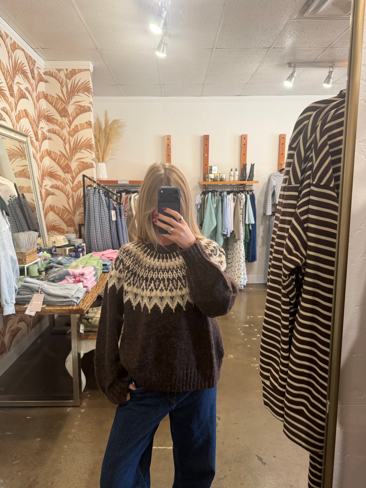 Fair Isle Yoke Crew Neck Knit Pullover Sweater