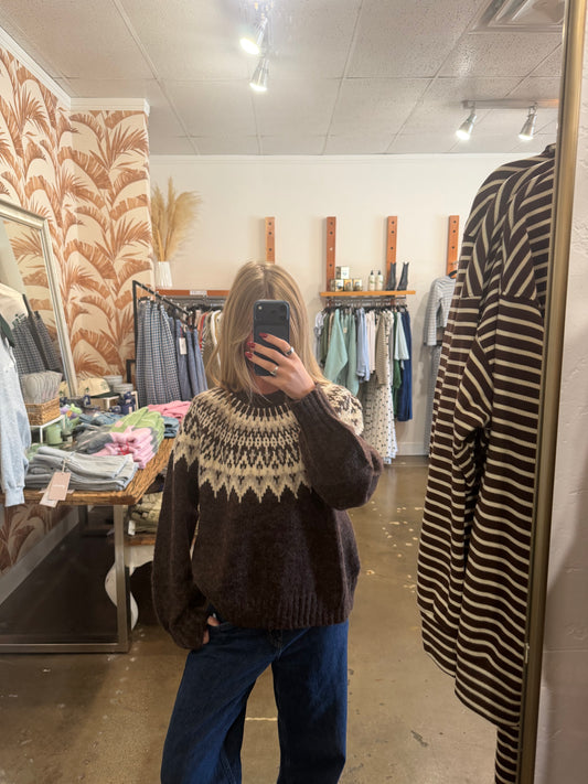 Fair Isle Yoke Crew Neck Knit Pullover Sweater