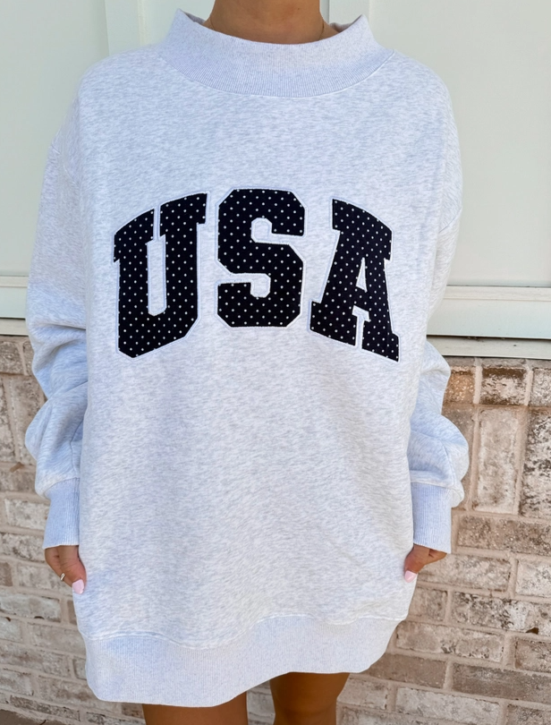 Blue Polka Dot USA Grey Mockneck