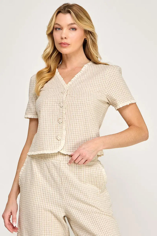 Ruffle Detail Gingham Print Top