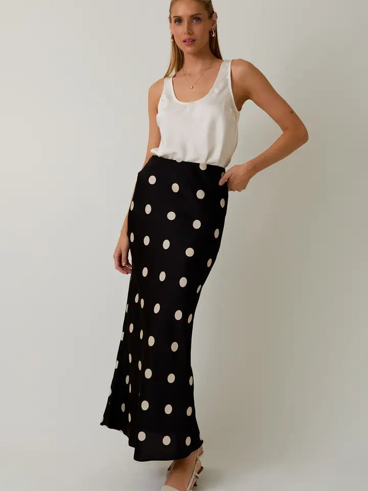 Satin Midi Skirt in Polka Dot