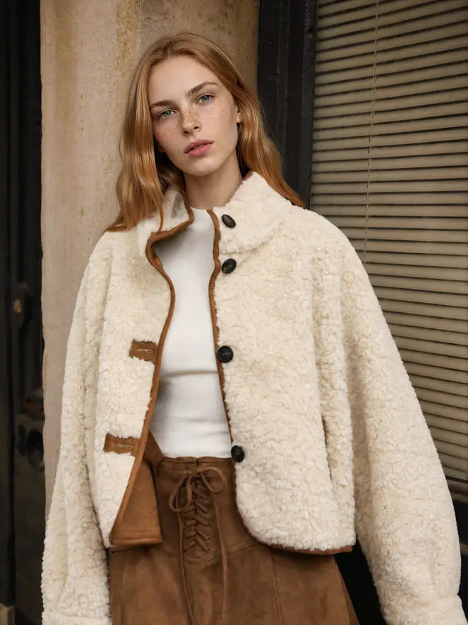 Mock Neck Sherpa Suede Trim Button Down Jacket