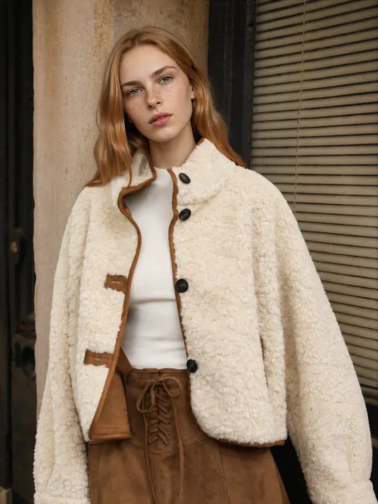 Mock Neck Sherpa Suede Trim Button Down Jacket