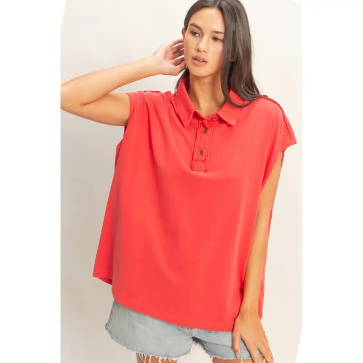Pigment Dye Sleeveless Polo Oversized Top