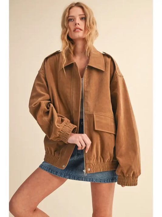 Oversized Front Pocketed Suede Bomber Jacket