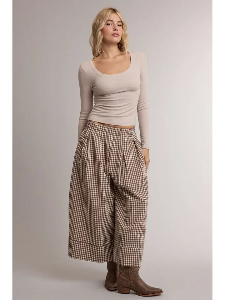 Gingham Wide Leg Pull On Pants
