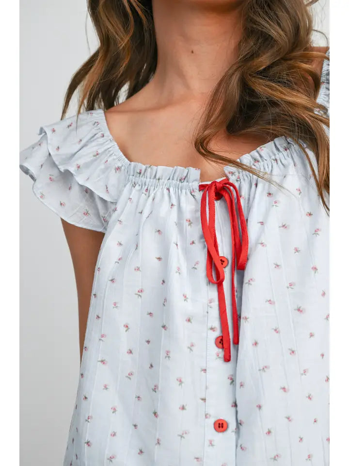 Ditsy Print Ribbon-Tie Top