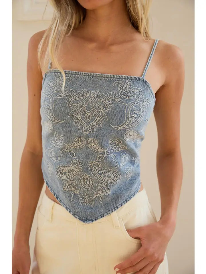 Denim Paisley Embroidery Bandana Top