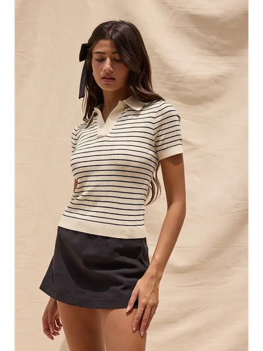 Ivory Thin Stripe Collared Short Sleeve Knit Top