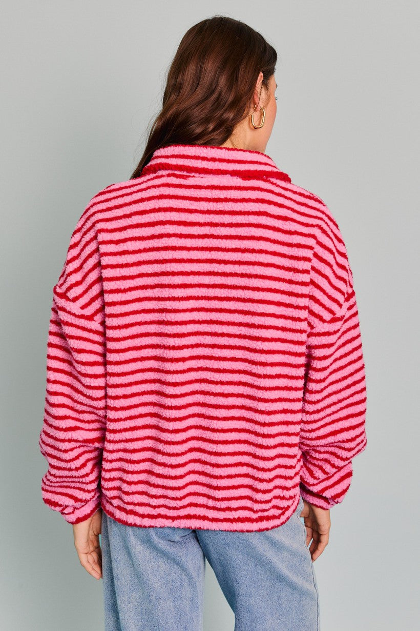 Stripe Printed Long Sleeve Red & Pink Quarter Zip