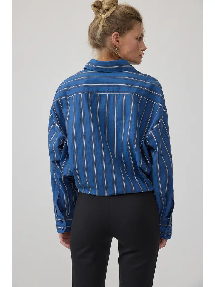 Stripe Button-Up Drawstring Shirt