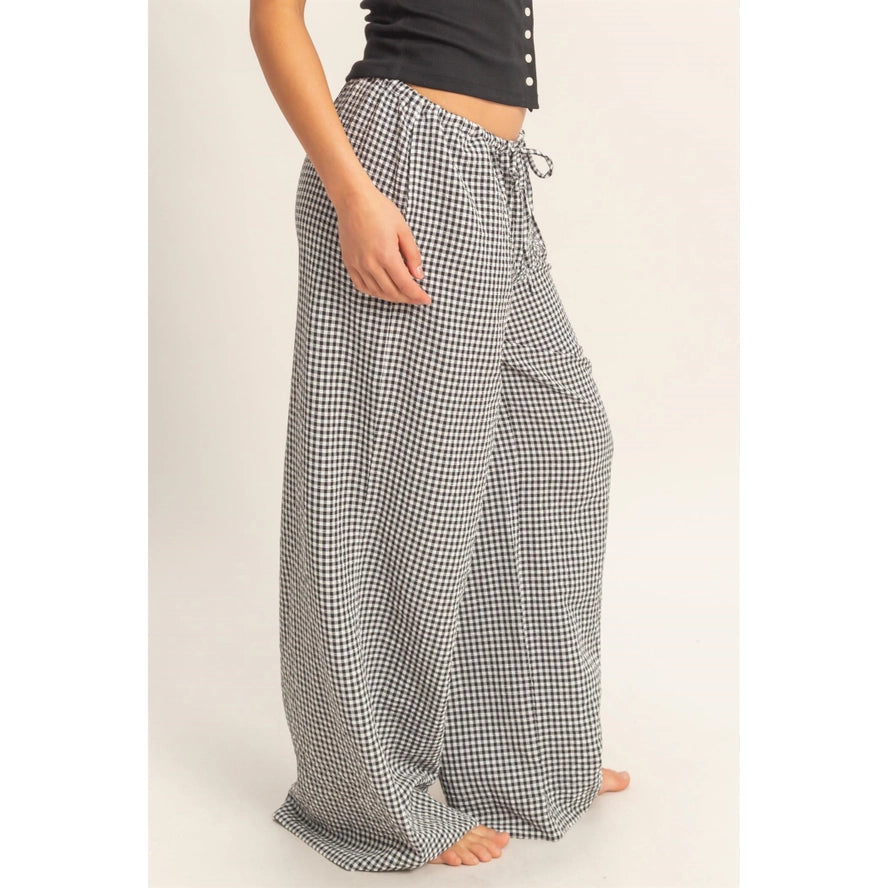 Gingham Drawstring Wide-Leg Pants
