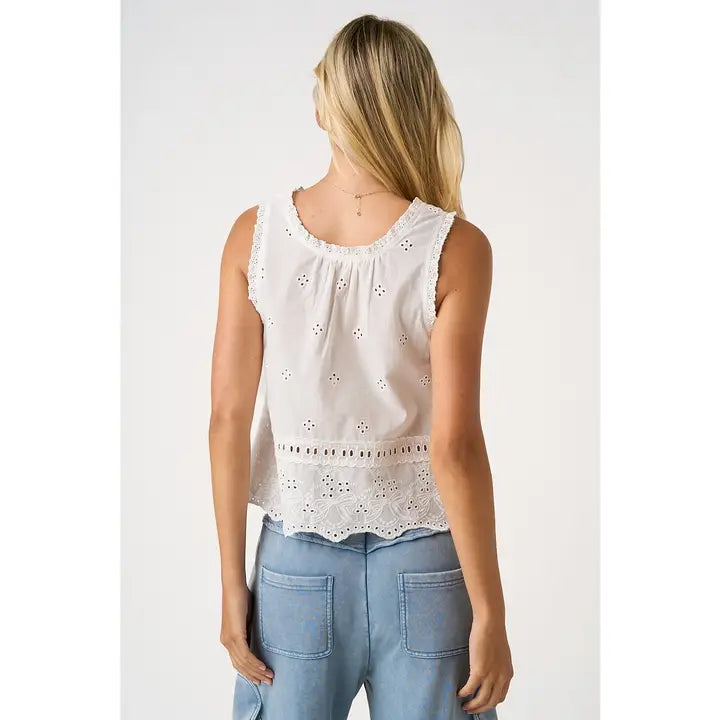 Embroidered Eyelet Button Front Tank Top