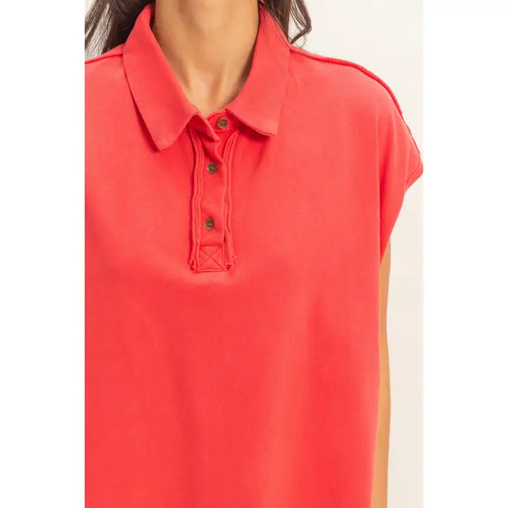 Pigment Dye Sleeveless Polo Oversized Top