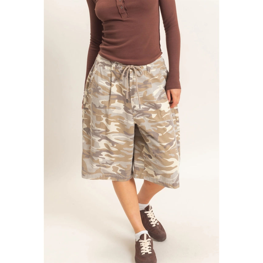 Camouflage Print Drawstring Shorts