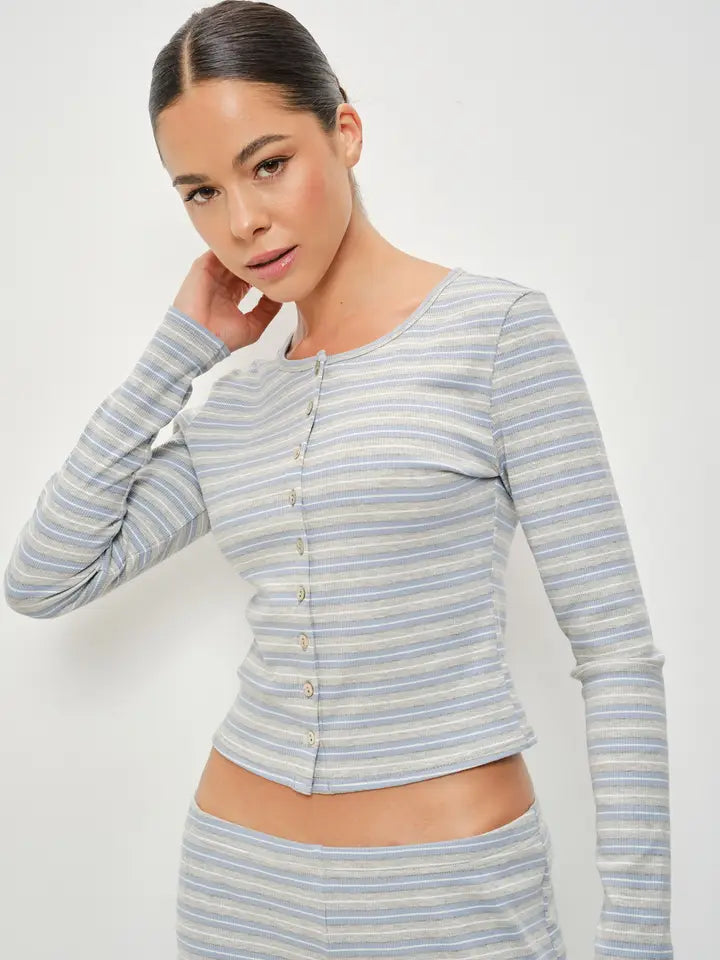 Bonnie Striped Ribbed Cotton Long Sleeve Button Up Top