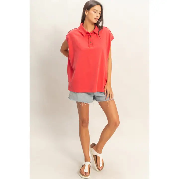 Pigment Dye Sleeveless Polo Oversized Top