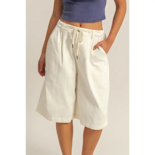 Drawstring Waist Wide Leg Jorts