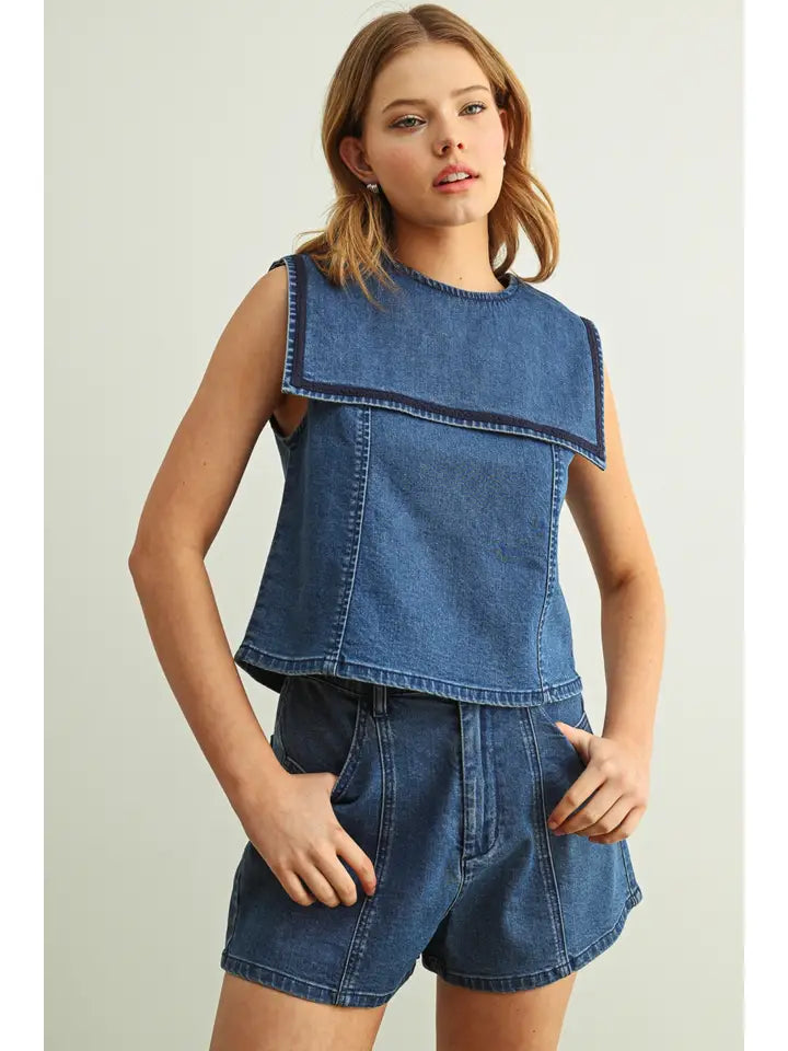 Sailor Collar Stretch Denim Top