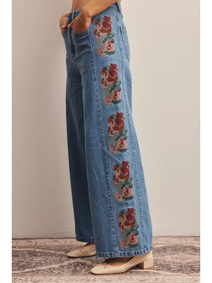 Floral Embroidered Wide Leg Jeans